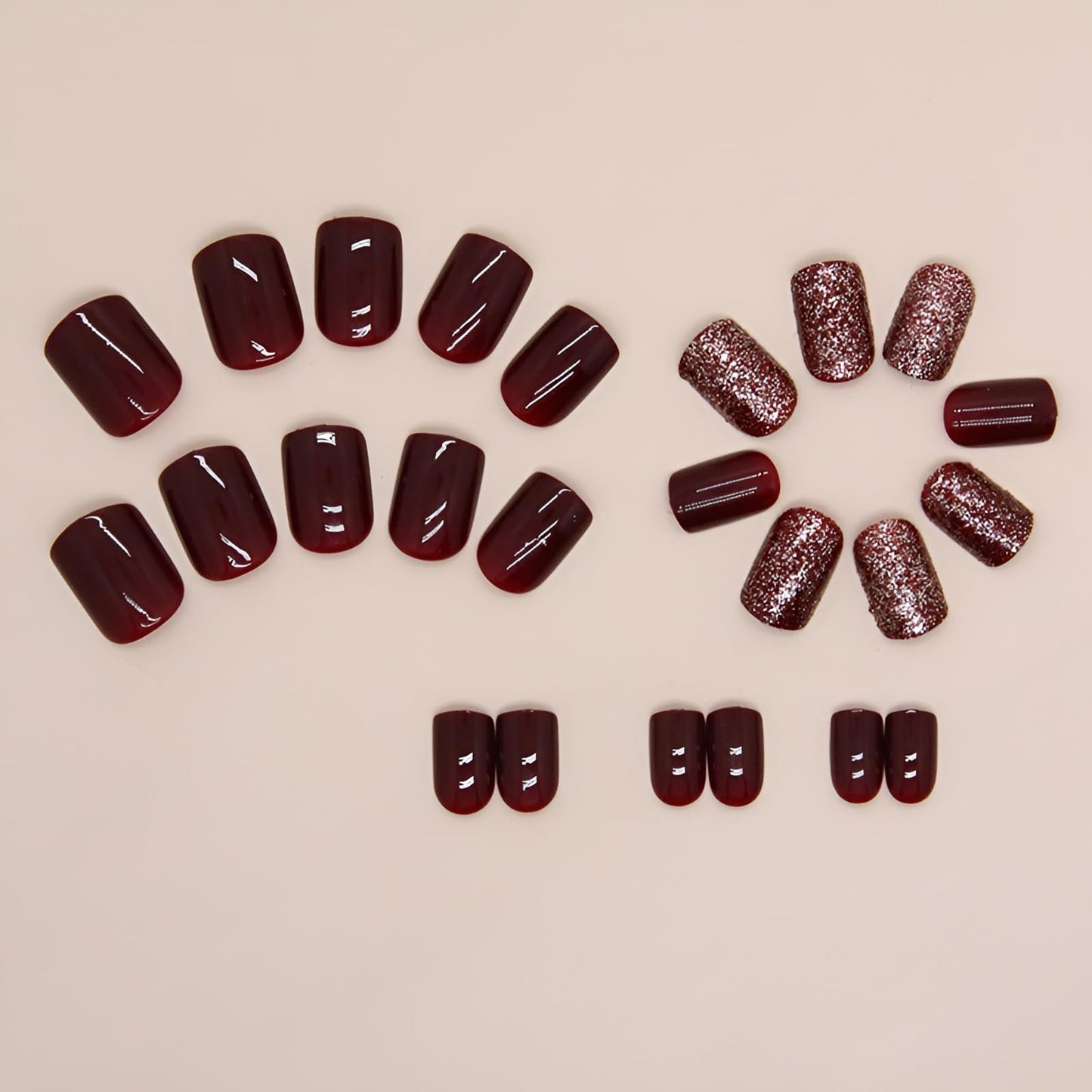 Square Press on Nails Short Red Fake Nails with Glitter Design Coffin Glossy False Nails Acrylic Nails Full Cover Stick on Nails Glue on Nails for Women