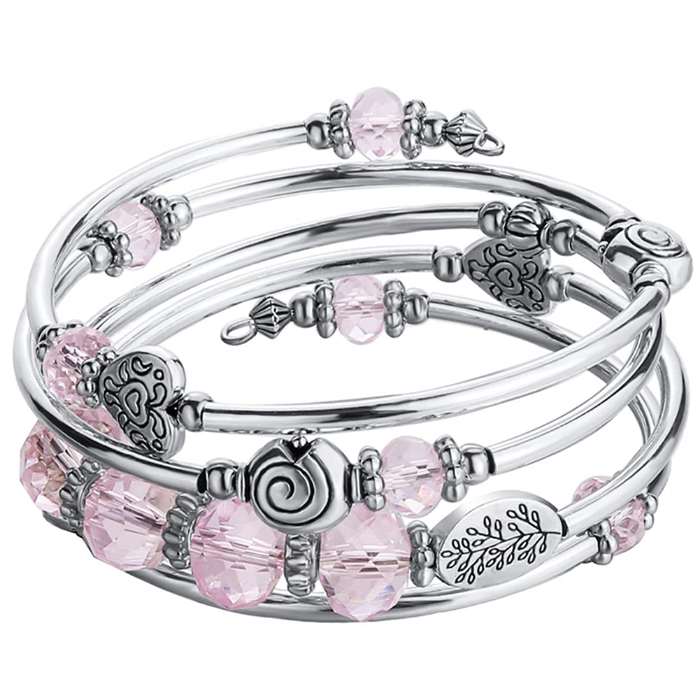 PEARL&CLUB Bead Crystal Wrap Bangle Bracelet - Fashion Jewelry Beaded Bracelet with Silver Metal, Gifts for Women(23-Pink)
