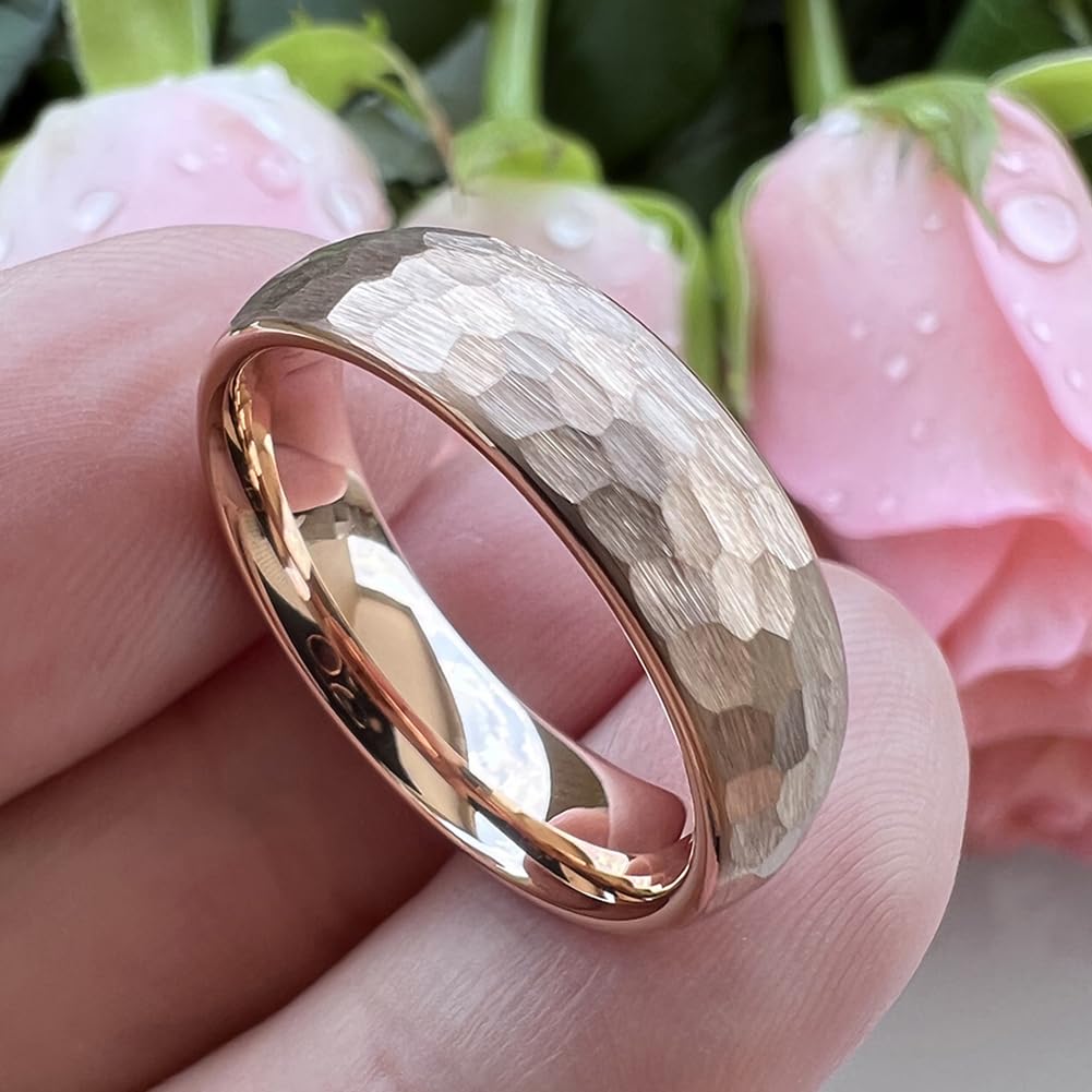 TUTISS 6mm Rose Gold Hammered Tungsten Rings for Men Women Engagement Wedding Bands Domed I Love You Engraved Comfort Fit Size 5