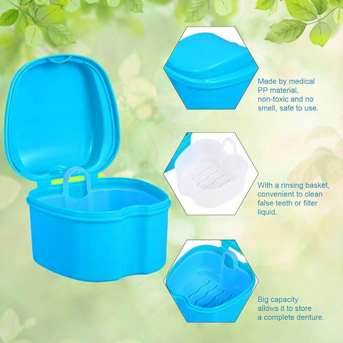 Denture Bath Box Cup Container Case, Complete Clean Care for Dentures, Clear Braces, False Teeth, Mouth Guard, Night Guard & Retainers,Traveling (Black & White)
