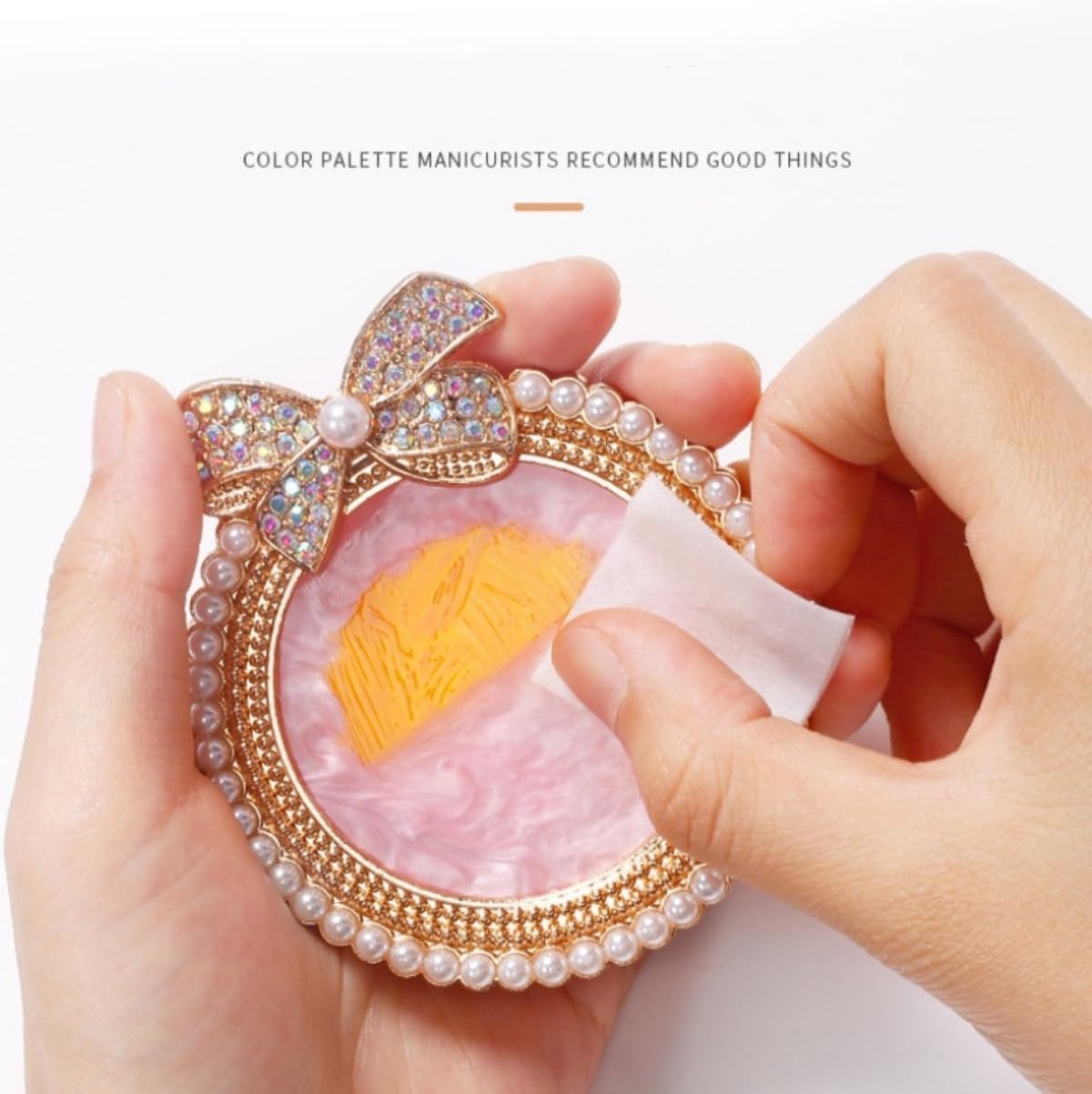 Bow Resin Nail Art Palette, Nail Polish Makeup Mixing Plate, Bow Shaped Pearl Inlaid with Diamonds Nail Display Board Palette (Pink)