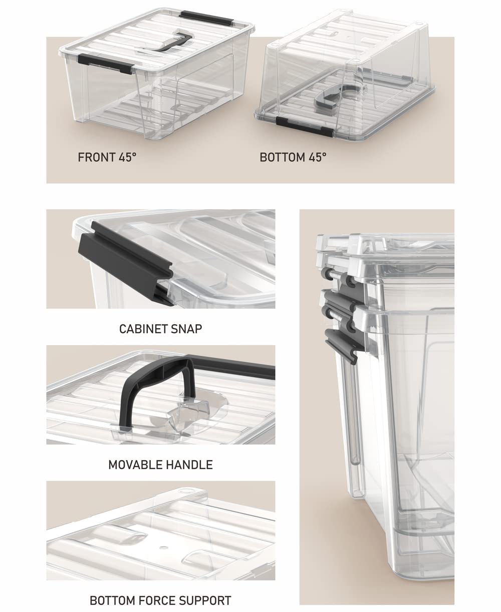 WYT Clear Storage Latch Bins, 6-Pack Storage Organizer Box with Handle and Lids, 5-Litre