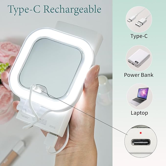 FUNTOUCH Compact Travel Mirror with Light, Rechargeable Double-Sided 1X10X Magnification with 3 Lights, Handheld Tabletop Portable Hanginig Mirror with Bag, Dimmable Touch Screen