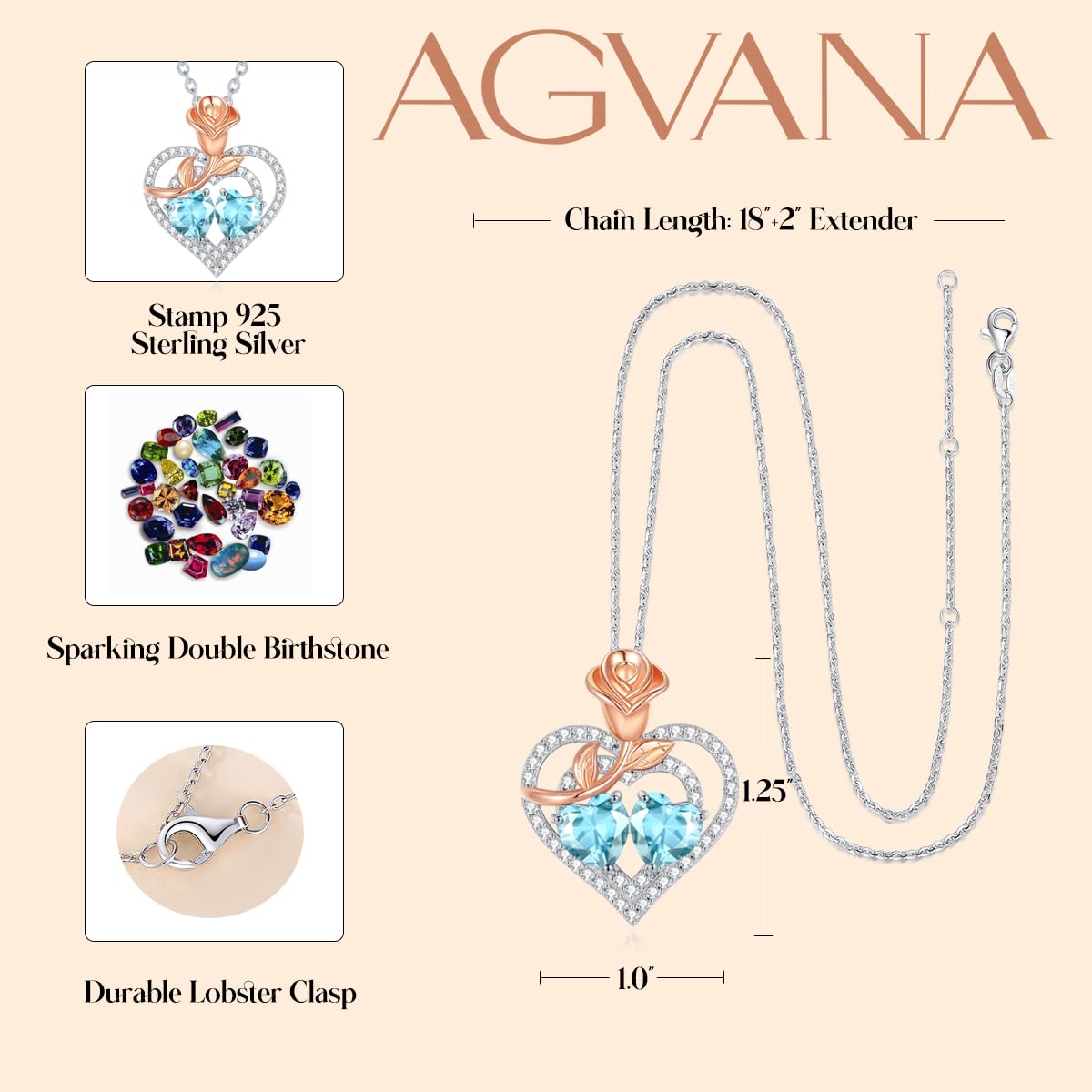 AGVANA March July Birthstone Jewelry Aquamarine Ruby Necklace Sterling Silver Rose Flower Heart Double Birthstone Pendant Necklace Anniversary Birthday Gifts for Women Mom Wife Lady Her