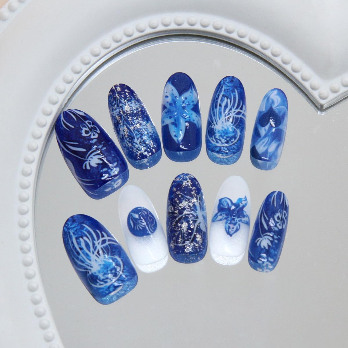plalely Almond Press on Nails Short Blue Fake Nail 3D Flowers Acrylic Nail Press ons Marine Organisms Stick on Nail for Women 24pcs