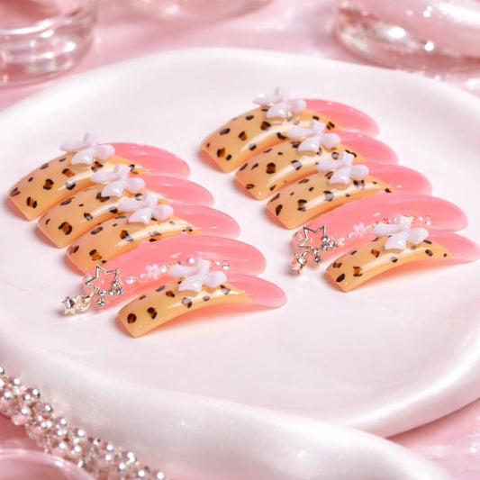 IntoVibes 10 Pieces Handmade Luxury Long Press On Nails With Curved Design, Bowknot And Leopard Prints, Pink Thickened False Nails, Reusable Fake Nails, Square Acrylic Nails (L)