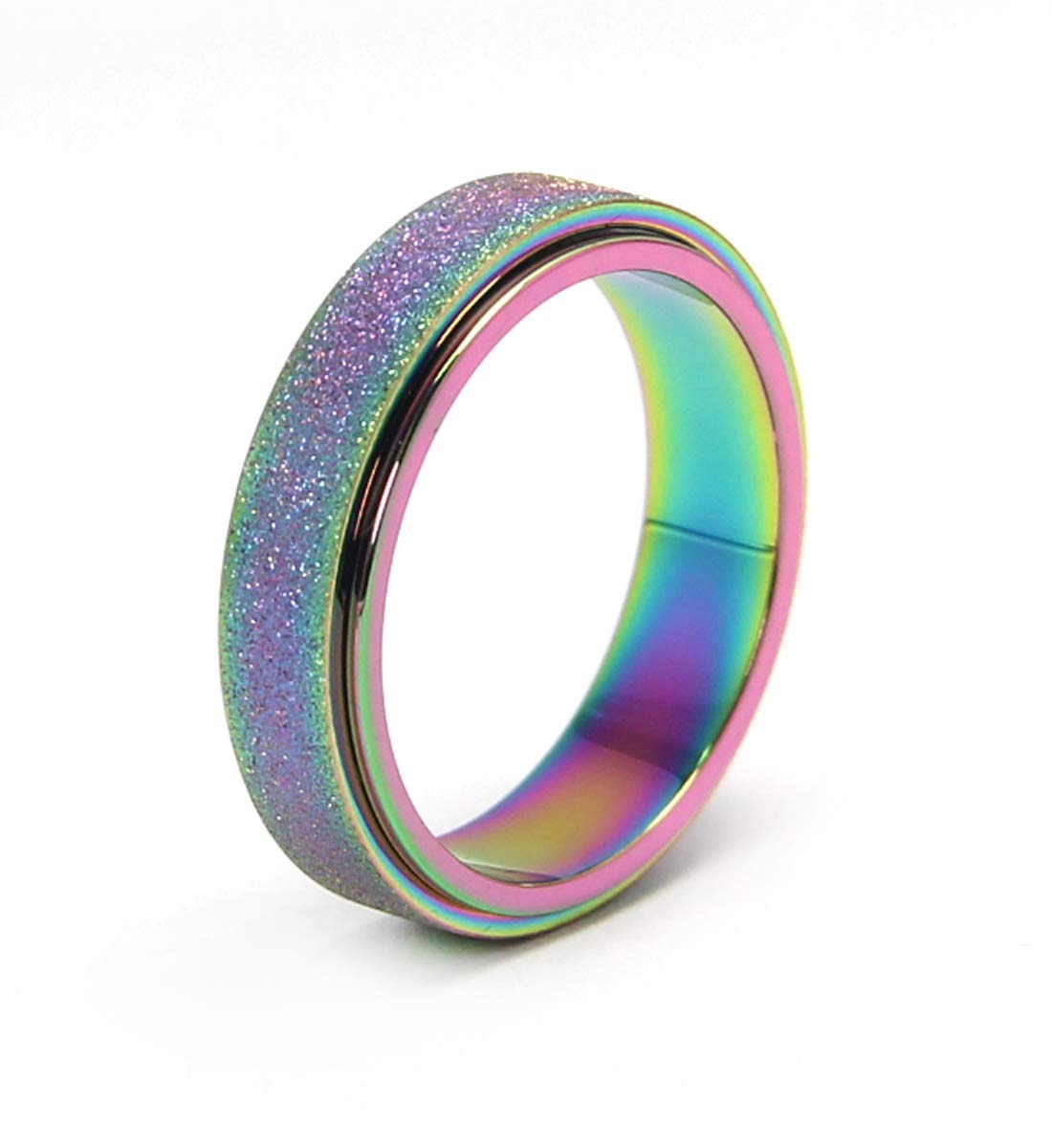 OreilleStar Anxiety Ring for Women Fidget Spinner Ring Fidget Toys Adults Titanium Stainless Steel Thumb Ring 6mm Wide Rainbow Size 10