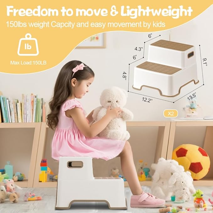 Toddler Step Stool for Bathroom sink, 2 Pack Step Stool for Kids, Plastic Potty Training Toilet Stepping Stools, Child and Baby Lightweight&No-Slip Two Step Stools for Kitchen(Off-White/Khaki)