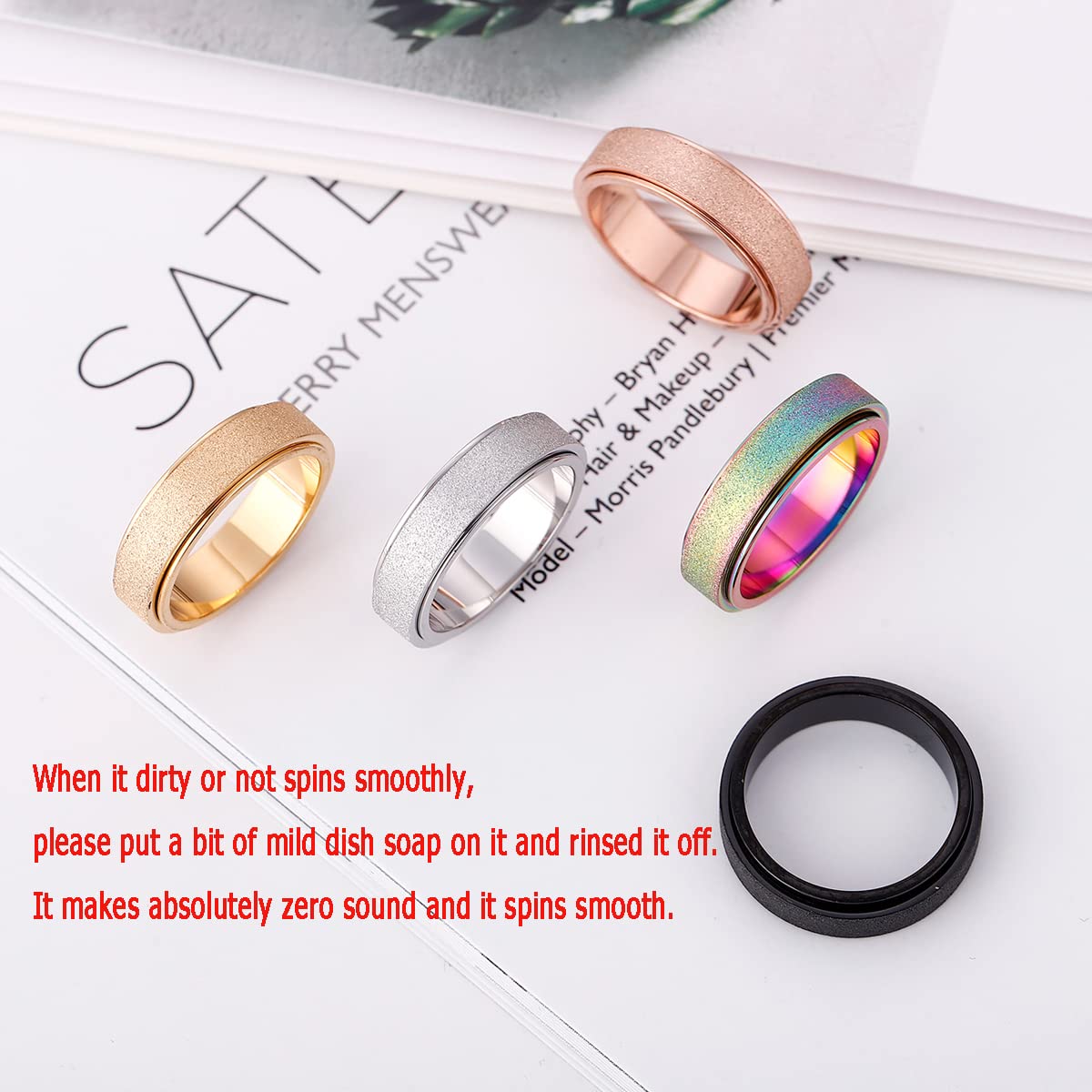 Titanium Stainless Steel Fidget Spinner Anxiety Ring for Women Men Black Size 7 Width 6MM Sand Blasted Finish