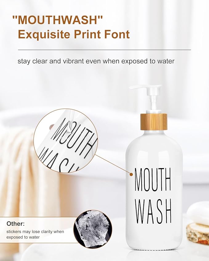 Pump Mouthwash Dispenser with Bathroom Cup Holder, Glass Mouthwash Container, Mouth Wash Bottle Decanter, Small PC 3 oz Dixie Cup Dipsenser, White, Printed Font
