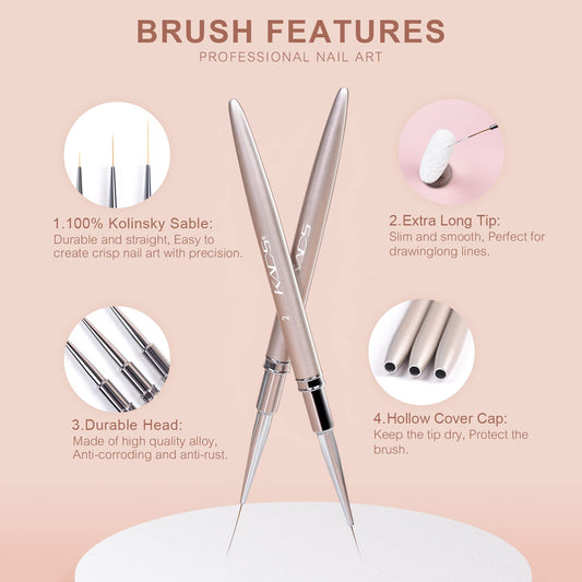 KADS Nail Art Liner Brushes Kolinsky Nail Art Brush Liner Brush UV Gel Polish Painting Nail Design Brush Metal Handle Nail Drawing Pens 8/15/20mm (8mm+15mm+20mm)