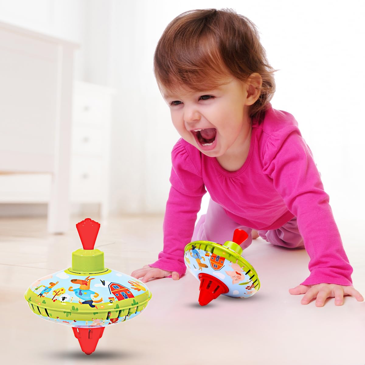 Beeqoo Fun Farm Spinning Top Tin Toy for Kids – Retro Classic Toys - Toddler Traditional Spin Tops - Metal Fidget Spinner for Kindergarten – Sensory Gyroscope - Novelty Present Party Favors