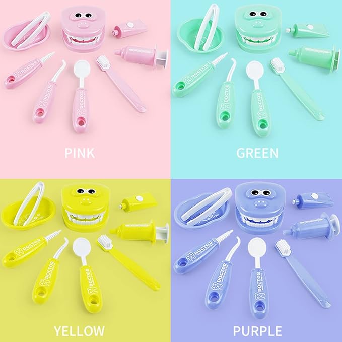 9PCS Plastic Simulation Dentist Play Set Medical Kit Pretend Toy for Kids Hygienic Habbit Cultivation Role Play Game for Children 6 Colors (Purple/Pink/Yellow/Green) Simple OPP Bag Packaging (Green)