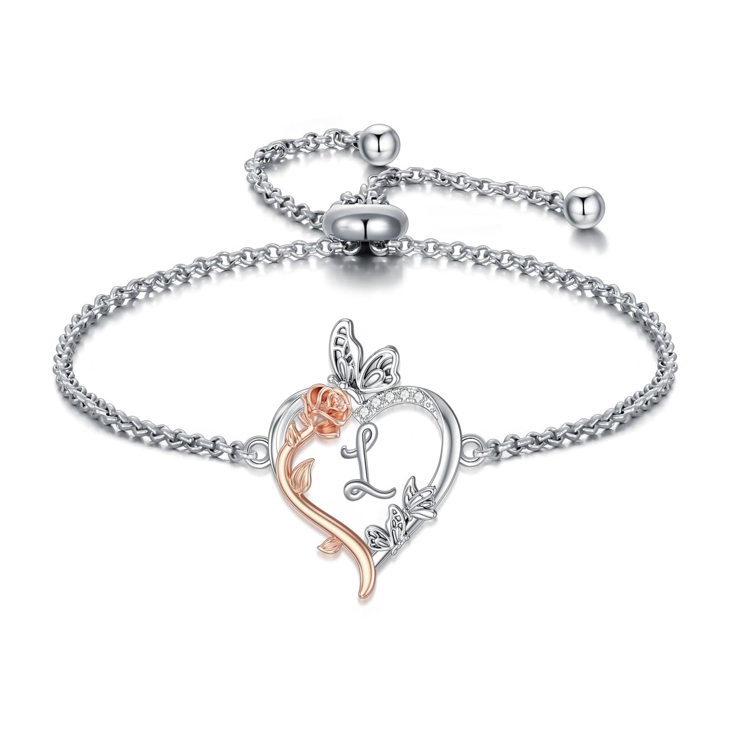 TOUPOP Rose Heart Bracelet for Women Sterling Silver Heart Initial L Letter Bracelet Butterfly Love Jewelry Anniversary Birthday Mothers Day Gifts for Mom Wife Her Girlfriend