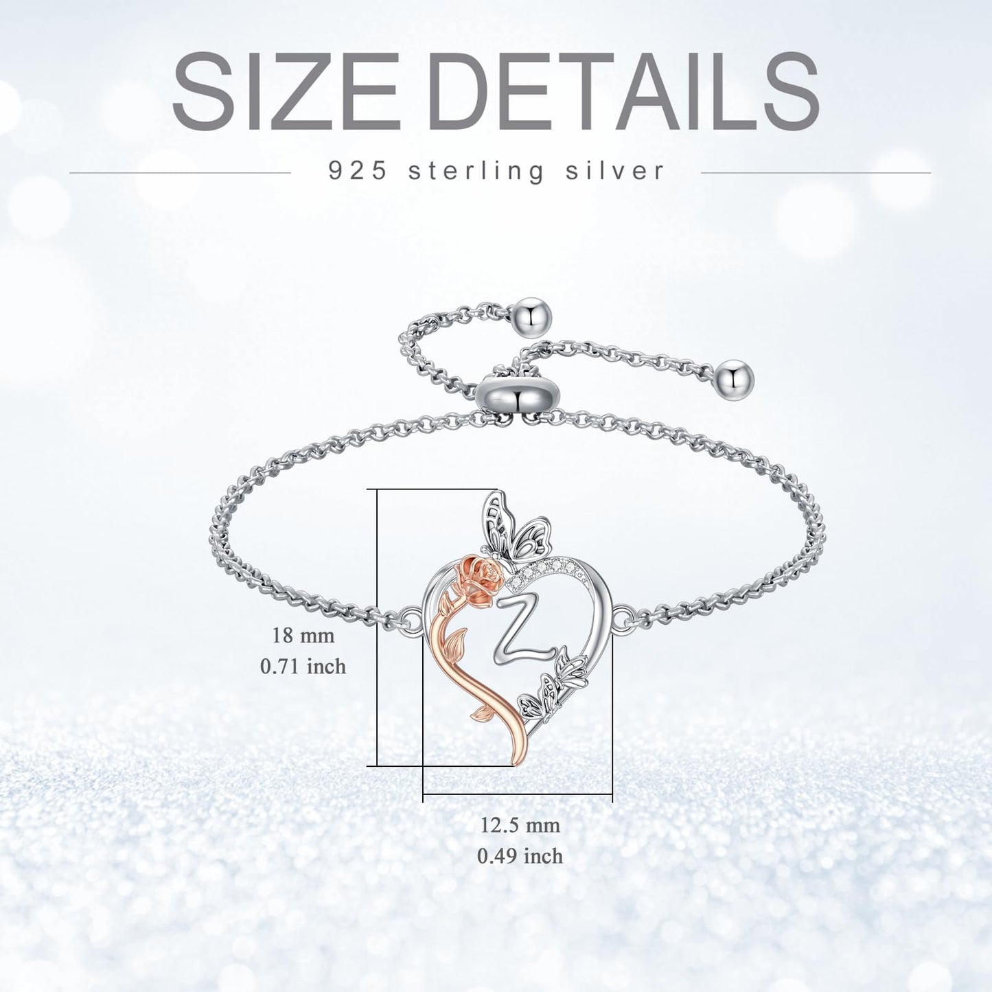 TOUPOP Rose Heart Bracelet for Women Sterling Silver Heart Initial Z Letter Bracelet Butterfly Love Jewelry Anniversary Birthday Mothers Day Gifts for Mom Wife Her Girlfriend