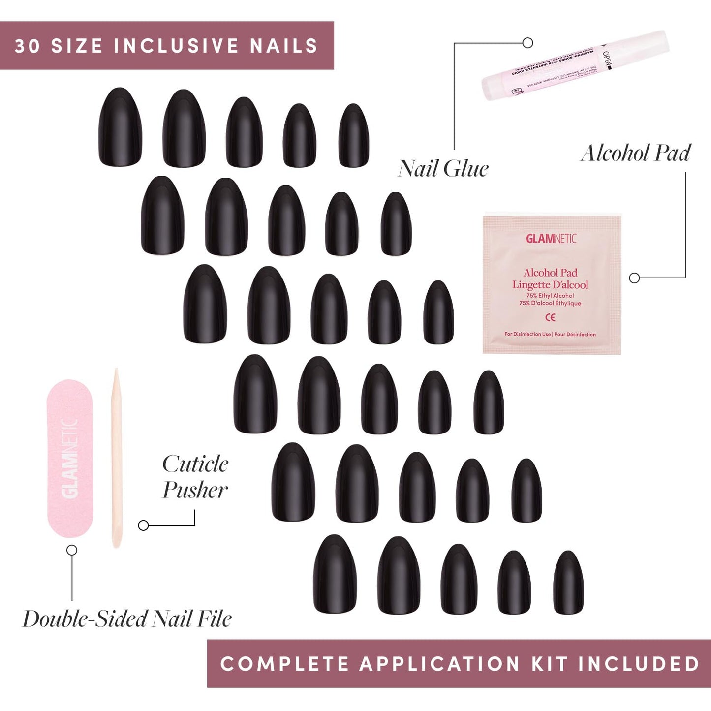 Glamnetic Press-On Nails Bundle - Bark Brown, Caviar & Boba | Dark Brown Round False Nails | Almond Black French Tip Fake Nails | Opaque Black Almond Nails