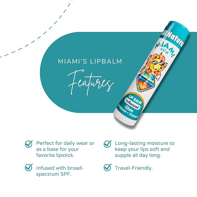 Miami Sun Natural Ghee Lip Balm, Hydrating Lip Treatment with Shea Butter & Beeswax, Organic & Non-Toxic, Best for Dry, Chapped Lips - Moisturizing, Healing, Chemical-Free Lip Care (1 Count, Natural)