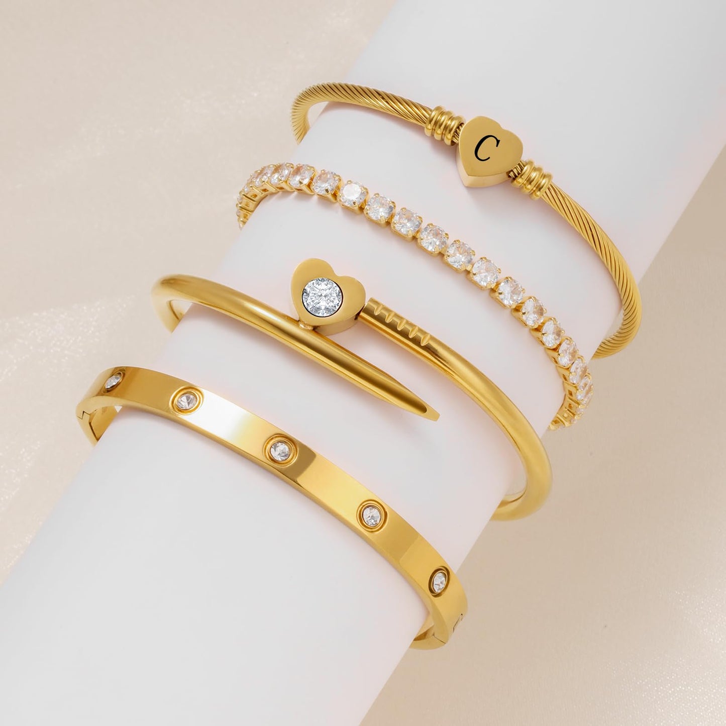 MEIERYA18K Gold Plated Nail love Bangle Bracelet Set for Women,Cubic Zirconia,Adjustable tennis bracelet Trendy Gift Jewelry for Mother's Day Anniversary (03-Style-C)