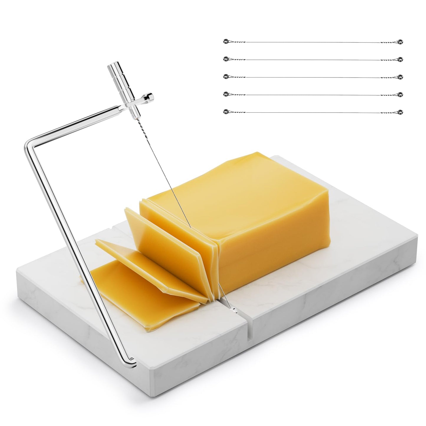 TOPULORS Cheese Slicer with 5 Replacement Upgrade Thick Cutting Wires - Heavy Duty 5"x8" Handheld Marble Board Cutter for Block Cheese, Butter - Kitchen Gadget Slicers Tool - White