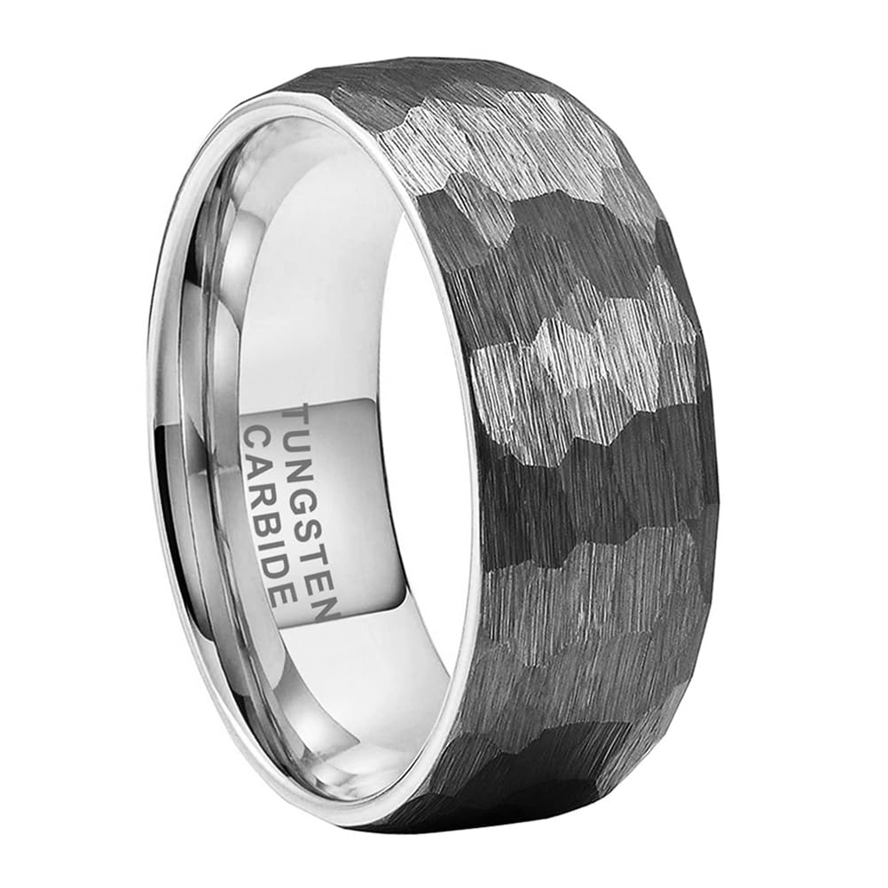 TUTISS 8mm Hammered Tungsten Rings for Men Women Fashion Engagement Wedding Bands Domed Matte Finish Comfort Fit Size 10