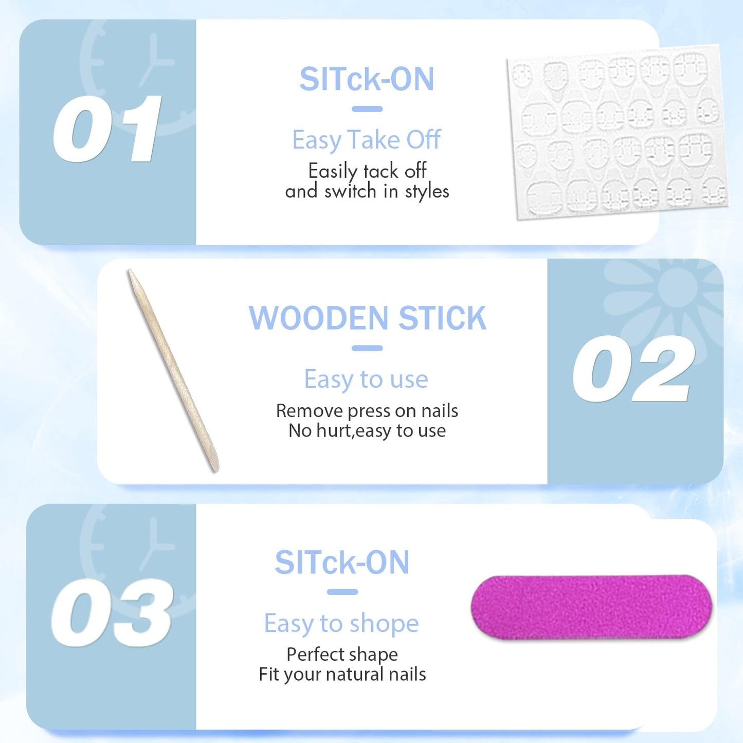 Sky Blue Press On Nails - Short Square, Soft Gel Glue On, 24pcs Reusable Acrylic Nails