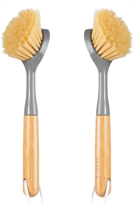 2 Pack Dish Brushes with Bamboo Handle, Kitchen Dish Scrubber Built-in Scraper, Scrub Brush for Pans, Pots, Counter & Kitchen Sink Cleaning, Dishwashing and Cleaning, Perfect Cleaning Tools, Gray