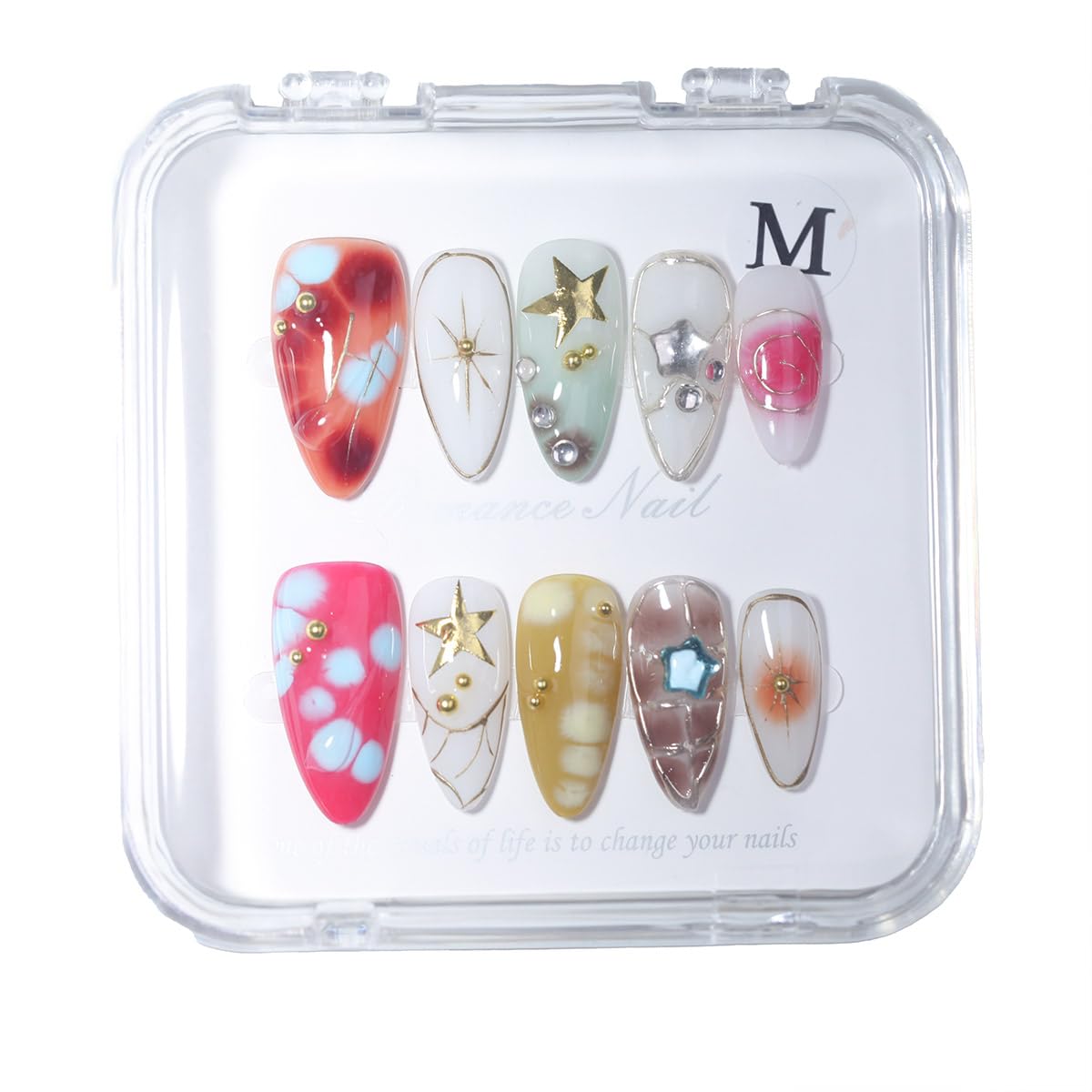 10Pcs Medium Almond Handmade Press On Nails | Easy Apply & Remove, Reusable Salon Quality Nails | Y2K Punk Multicolor Fake Nails with 3D Floral, Star & Gold Bead Accents(5U01, XS)