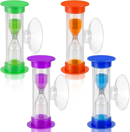 4Pcs Sand Timer Toothbrush Timer with Suction Cup, 3 Minutes Sand Timer Rotatable Hourglass Sandglass Sand Clock for Kids Toothbrush, Games, Classes, Cooking (Purple, Green, Orange, Blue)