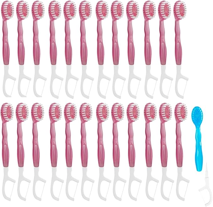 Mini Disposable Toothbrushes with Toothpaste 5 in 1 Travel Toothbrush Individually Wrapped Portable with Toothpaste + Tongue Scraper + Picks+Floss Travel Case 26pcs(Peach, 26)