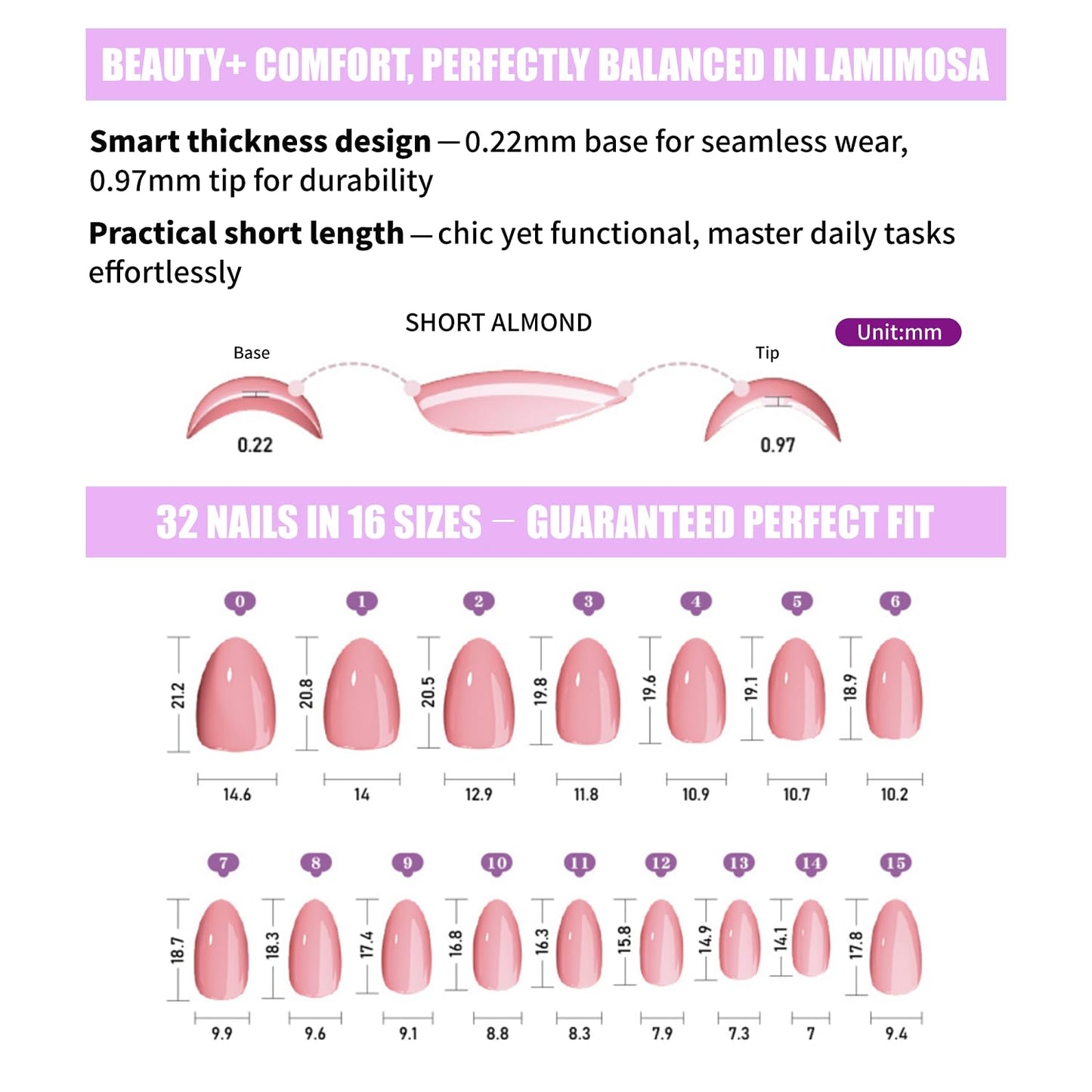 LAMIMOSA 32Pcs French Tip Press on Nails Short Almond - Soft Gel Fake Nails in 16 Sizes, Reusable Semi-Transparent Glue on Nails Kit, BONJOUR!