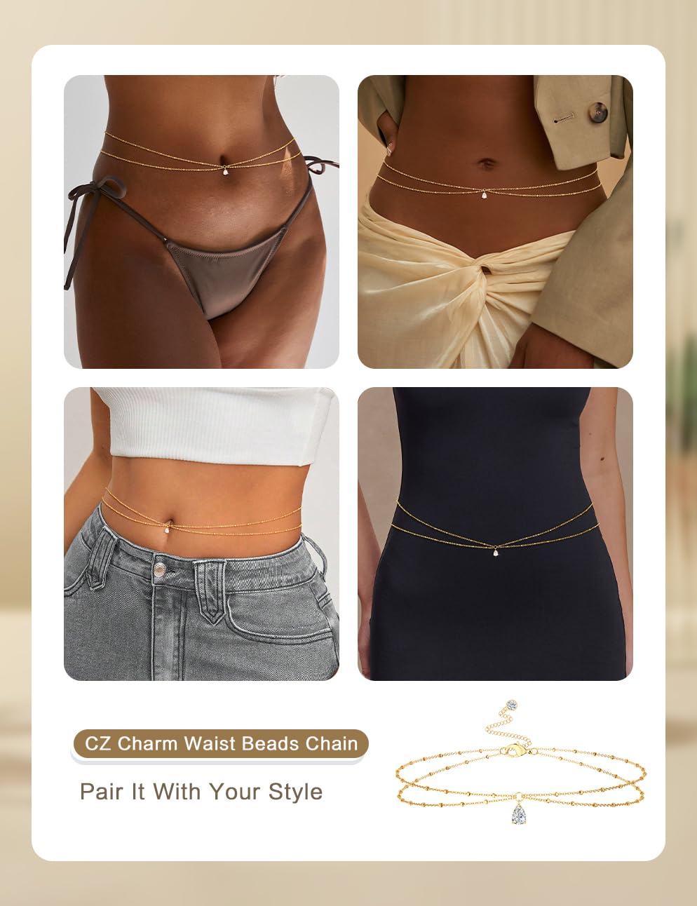 HABIKIP 14K Gold Plated Waist Chain for Women, Gold Plated Belly Drop CZ Pendant Chain Belt Sexy Bikini Beach Satellite Waist Beads Chain Adjustable Body Chain Waterproof Jewelry Accessories for Women