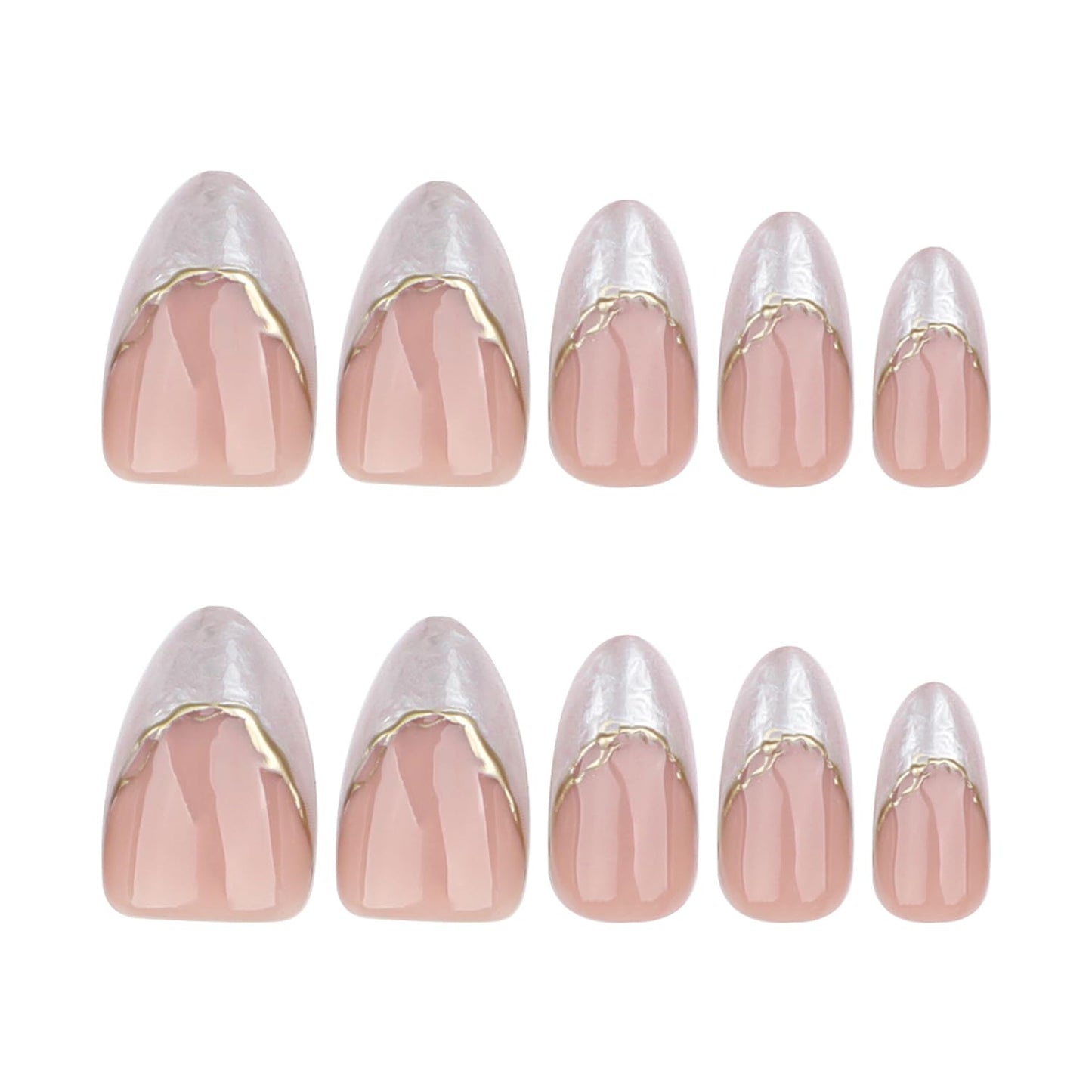Press On Nails French Tip Fake Nails Glossy False Nails Press Ons With Gold Line Design French Stick On Nails Reusable Full Cover Acrylic Glue On Nail For Women Manicure Decorations
