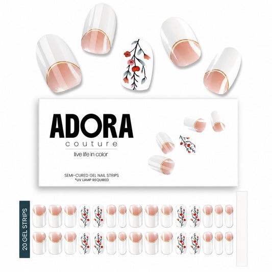 Adora Couture Semi Cured Gel Nail Strips with 30 Pieces - UV Gel Stickers, Manicure Kit, Easy Application Wraps Includes Prep Pads, Nail File, Wooden Stick - UV Light Required (White Botanical)
