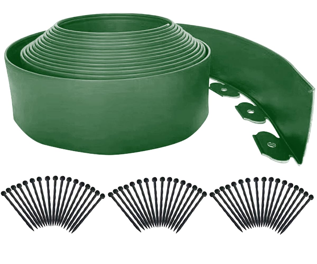 Landscape Edging 33FT,Garden Edging Borders [Extra Tall 4IN High] Flexible Lawn Edging Kit with Total 50pcs Stakes,Mini Plastic Fence Edge Used for Yard,Flowerbeds,Landscaping,Grass,Tree -Green