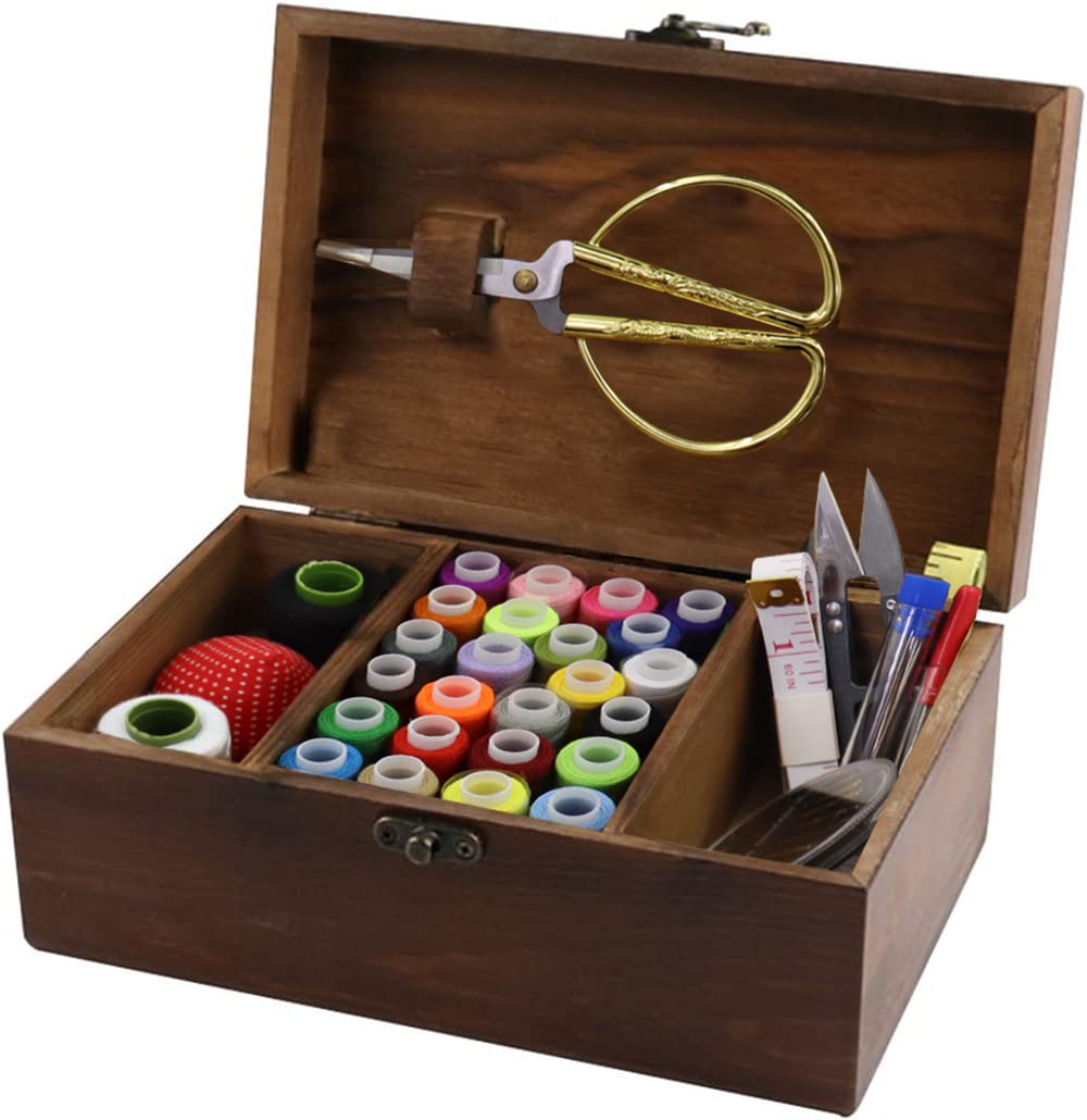 Flytreal Sewing Kit Box Basket, Wooden Hand Home Sewing Repair Tool Kit, Beginner Universal Sew Kit Accessories for Women, Men, Adults, Girls, Kids (Retro Dandelion)