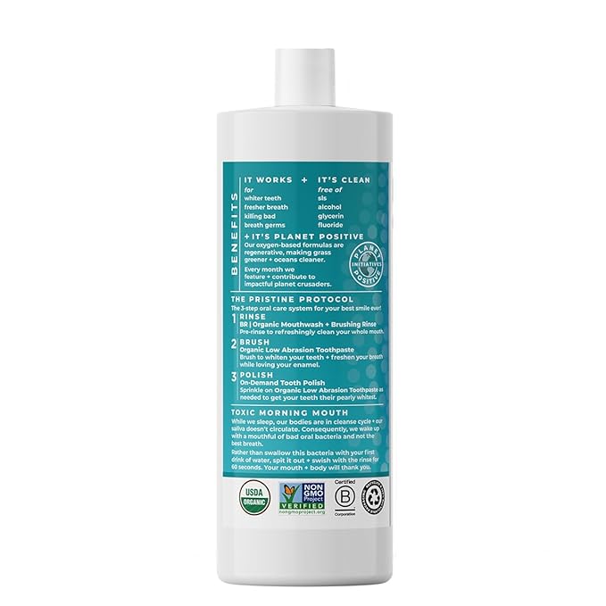 Essential Oxygen Certified BR Organic Brushing Rinse, All Natural Mouthwash for Whiter Teeth, Fresher Breath, and Happier Gums, Alcohol-Free Oral Care, Wintergreen, 32 Ounce