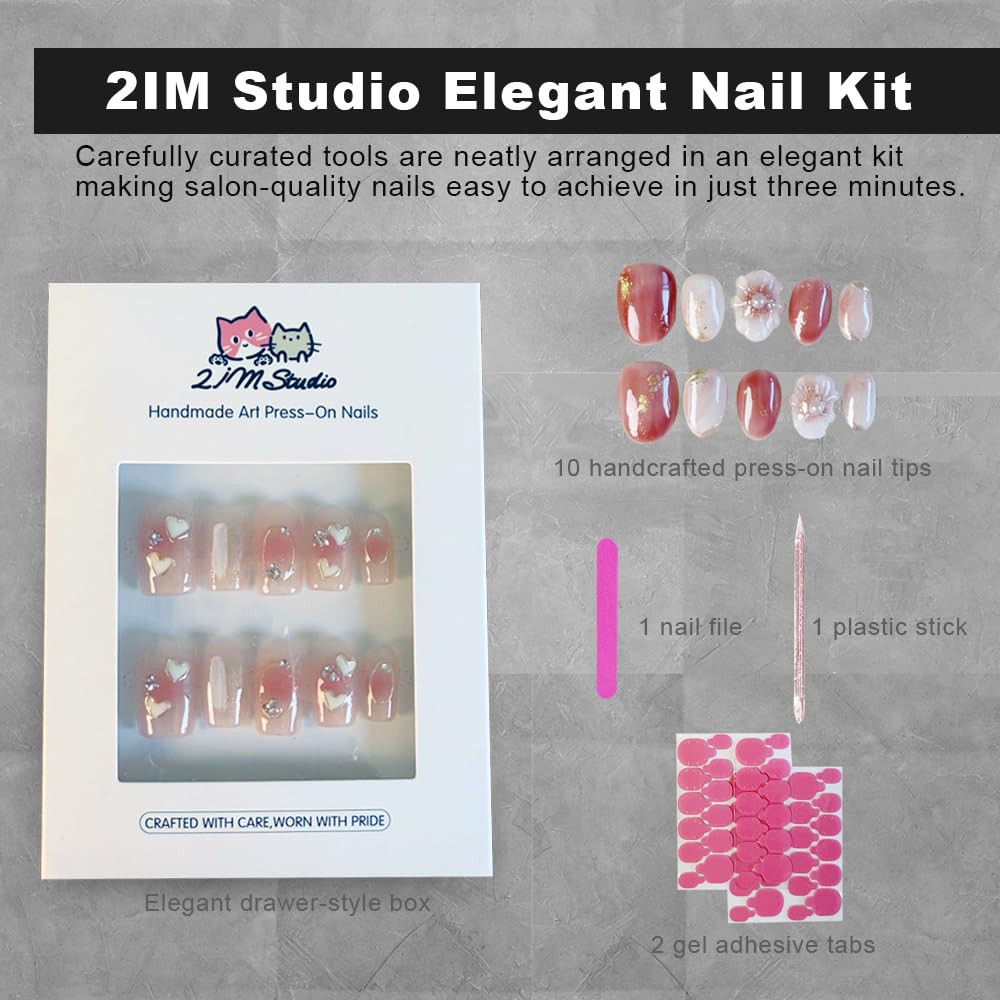 2IM Studio Handmade Press On Nails – 10 Piece Soft Gel Nail Kit with Glue & Tool Set, Reusable Artisan Nails, Salon-Quality Finish (Cherry Veil-M)