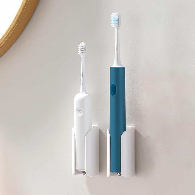 Electric Toothbrush Holder for Bathroom, Wall-Mounted Toothbrush Stand with Self-Adhesive, Compact Bathroom Caddy for Electric Toothbrushes (White-2pcs)