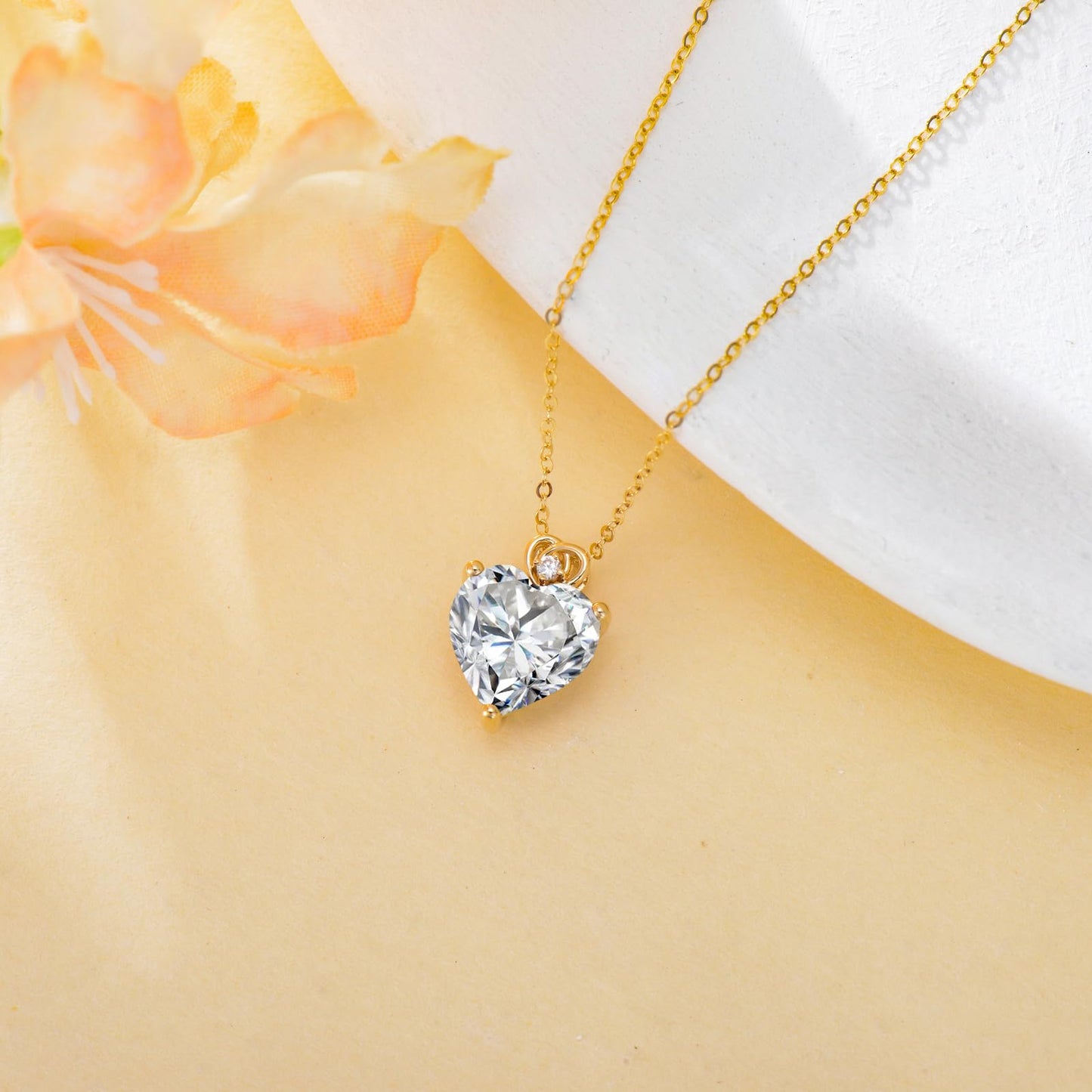 NFYBD 14k Gold Love Heart Gemstone Birthstone Pendant Necklace for Women 3 Carat Heart-cut Created Gemstone Anniversary Birthday Mother's Day Necklaces for Her 16+1+1 inch-Apr