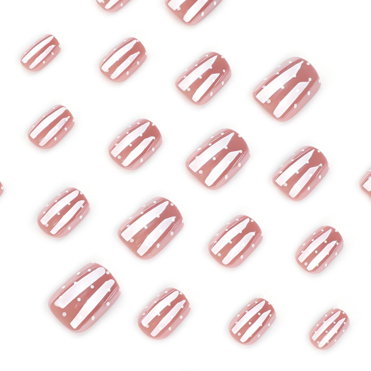 LINMEIZAI Press on Nails Short Square Spring Aurora Glossy Acrylic Fake Nails Press ons Glue on False Nails for Women Reusable Cute Manicure Set White Polka Dots Stick on Nails French Tip 24Pcs