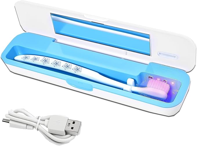 UV-C Toothbrush Case for Travel, Portable Toothbrush Case with Holder, USB-C or AA Battery Powered, Plastic Tooth Brush Container Cover for Household STB-062 Blue