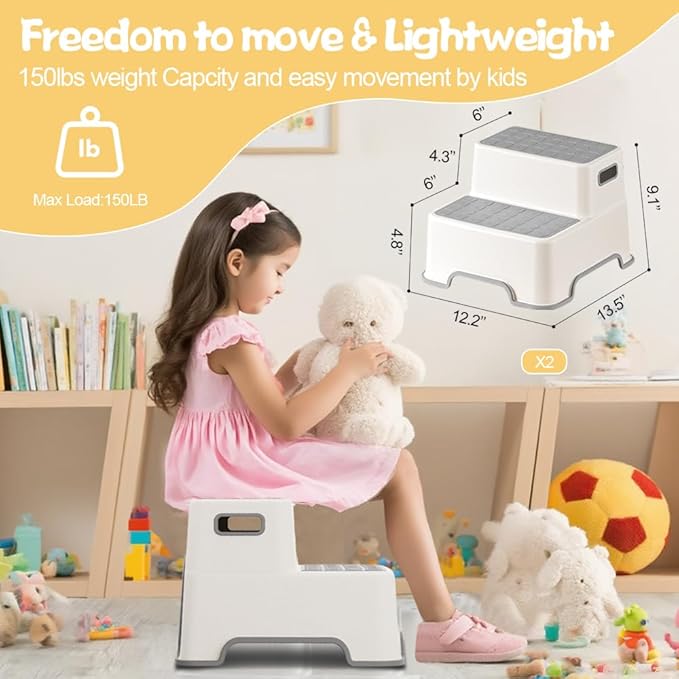 Toddler Step Stool for Bathroom Sink, 2 Pack Step Stool for Kids, Plastic Potty Training Toilet Stepping Stools, Child and Baby Lightweight&No-Slip Two Step Stools for Kitchen(Off-White/Gray)