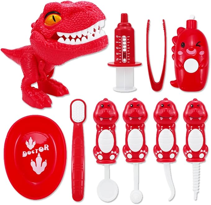 Bundle 19PCS = 9PCS Plastic Simulation Dentist Play Set （Yellow） + 10PCS Plastic Dinosaur Simulation Dentist Play Set (Red)
