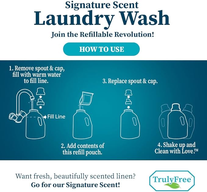 Truly Free Natural Laundry Detergent for Sensitive Skin | Eco Friendly, Plant Based, Baby Clothes Safe | Clean & Easy Powder to Liquid, 6 Pack Refill Detergent, NO Jug | Signature Scent, 300 Loads