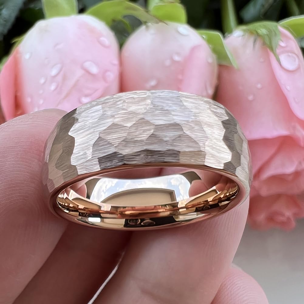 TUTISS 8mm Rose Gold Hammered Tungsten Rings for Men Women Engagement Wedding Bands Domed Matte Finish Comfort Fit Size 15