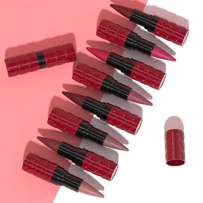 Dark Red Gradient Matte Lipstick Crayon Lip Liner pencil,Crayon Form and Cone Tip 2-in-1 Lip Liner and Lipstick Lip Combo Set Achieve Flawless Contour Gradual Ombre Effect lip Pencil for Old Women