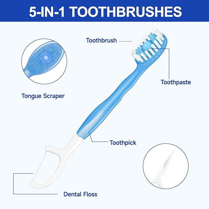 Mini Disposable Toothbrushes with Toothpaste 5 in 1 Travel Portable Toothbrush with Toothpaste + Tongue Scraper + Picks+Floss Travel Case (Mint, 10)