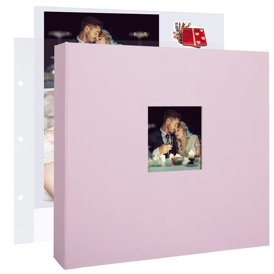 1DOT2 12x12 Inch Large 3 Ring DIY Scrapbook Photo Album Journal with 30 Plastic Sleeves 60 Pages and Fabric Cover for Baby Travel Wedding Couple Anniversary kids Adventure (Pink Cover/White Pages)