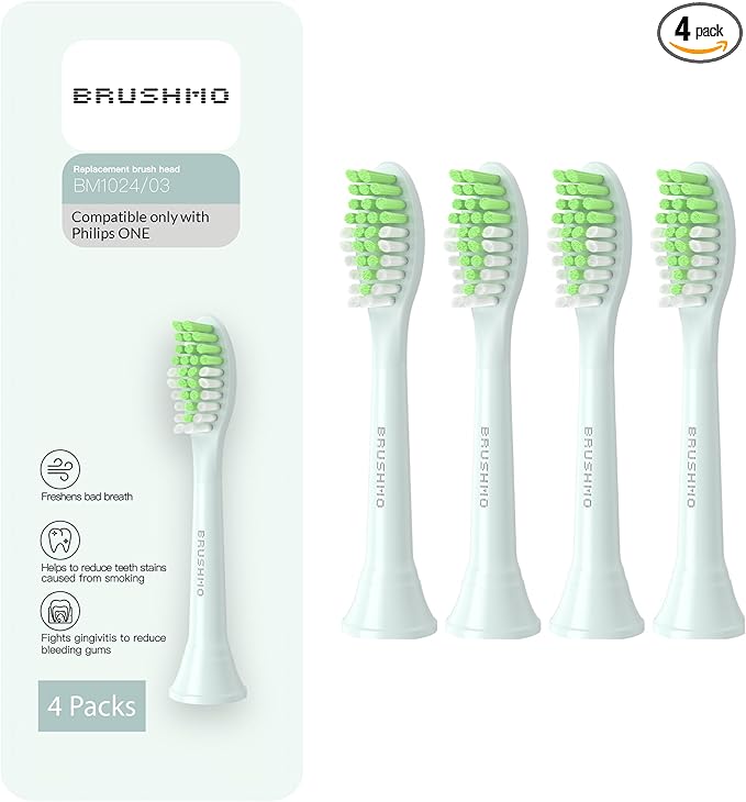 Brushmo Replacement Toothbrush Heads, Compatible with Philips One for Sonicare Electric Toothbrush Handles HY1022, 4 Standard Heads with Tongue Cleaner, Soft Dupont Bristles, BM124m, Mint Light Blue