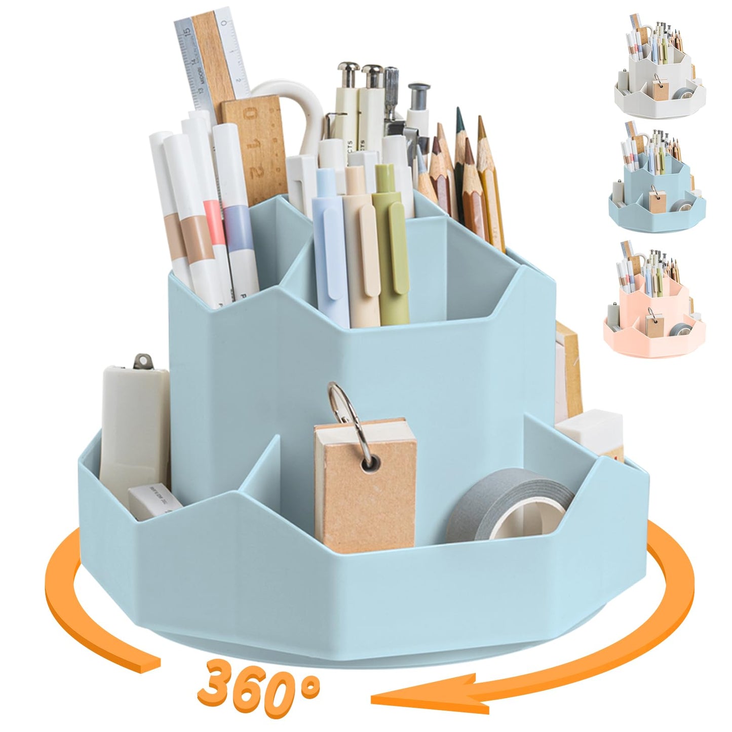 Cayxenful Pencil Pen Holder for Desk,9 Slots 360 Degree Rotating Desk Organizers,Desktop Storage Stationery Supplies Organizer, Cute Pencil Cup Pot For Office, School, Home(Blue)
